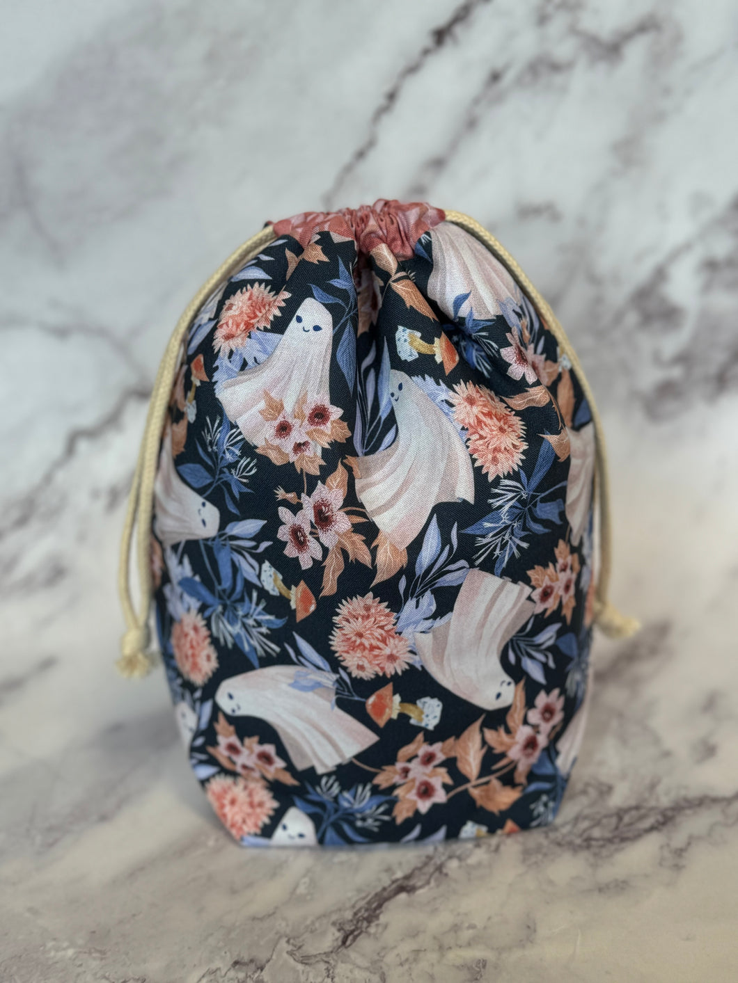 Floral Ghosts - Drawstring Knitting Project Pouch - Medium