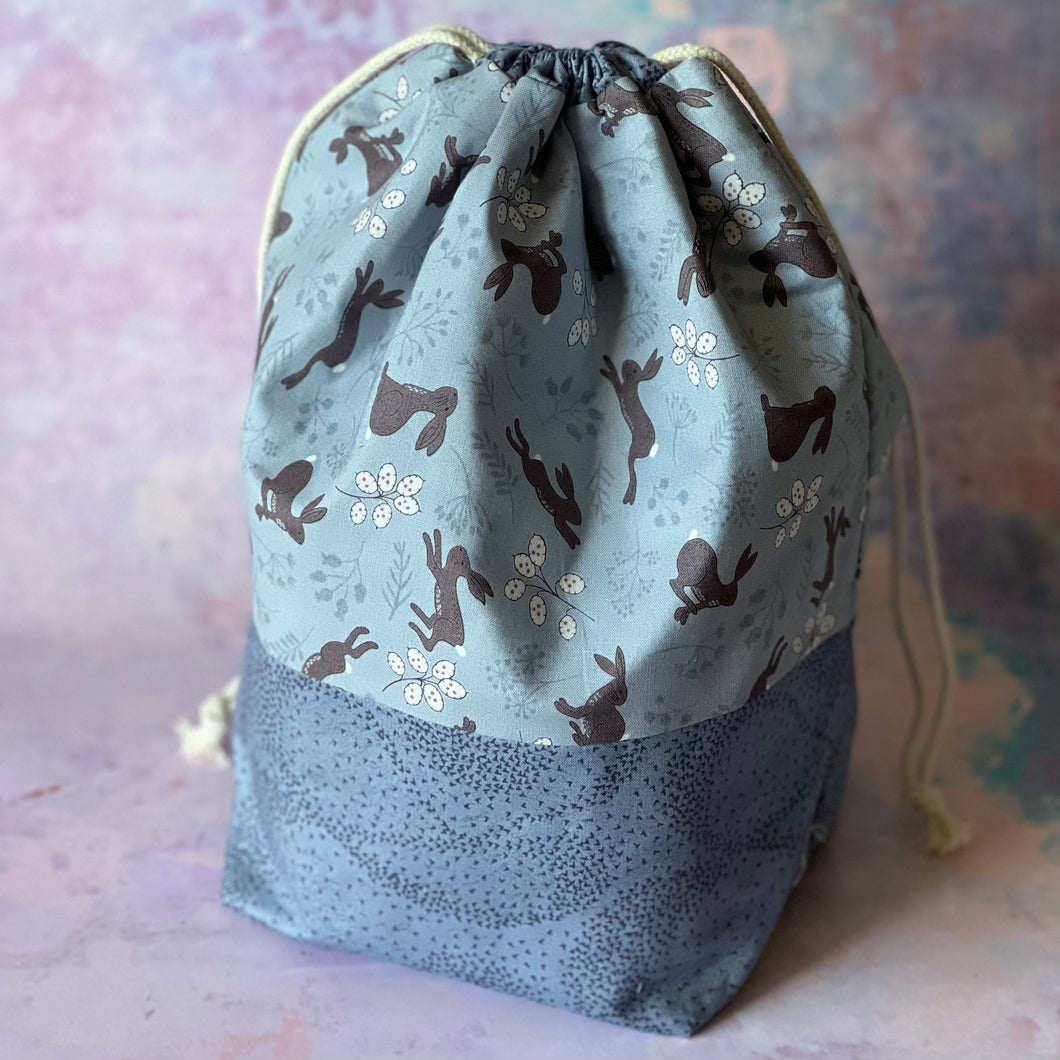 SALE - Hares - Large Drawstring Knitting Project Pouch
