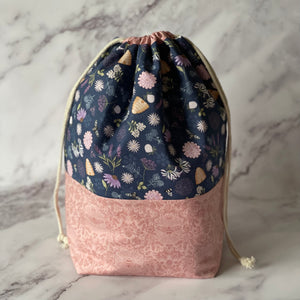 Drawstring Knitting Project Pouch - Large - Navy/Pink Wildflowers