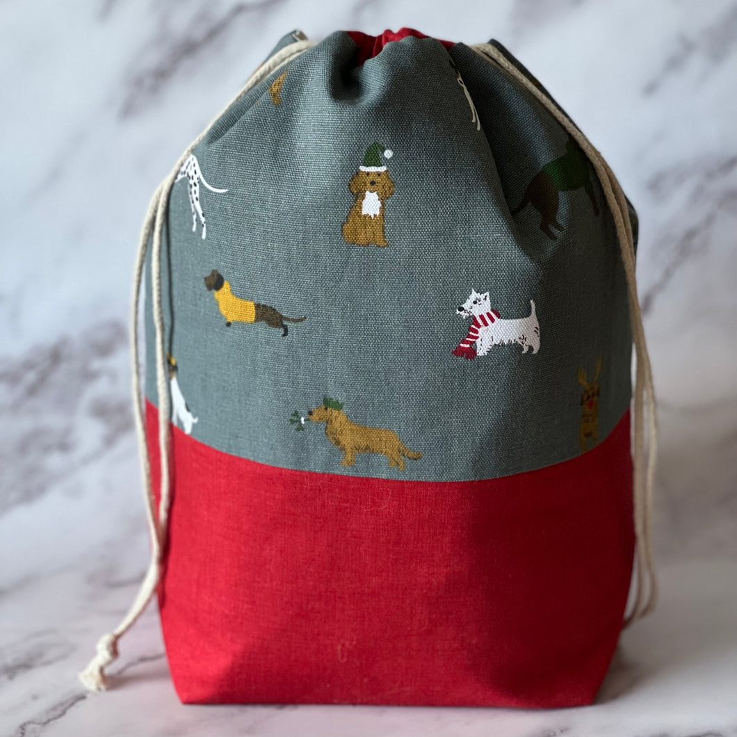 Drawstring Knitting Project Pouch - Large - Christmas Dogs